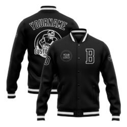 Custom Black Black-White Bomber Full-Snap Varsity Letterman Jacket