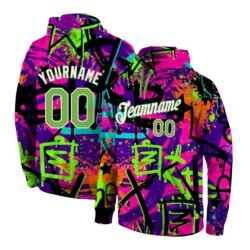 Custom Stitched Graffiti Pattern Neon Green-White 3D Sports Pullover Sweatshirt Hoodie