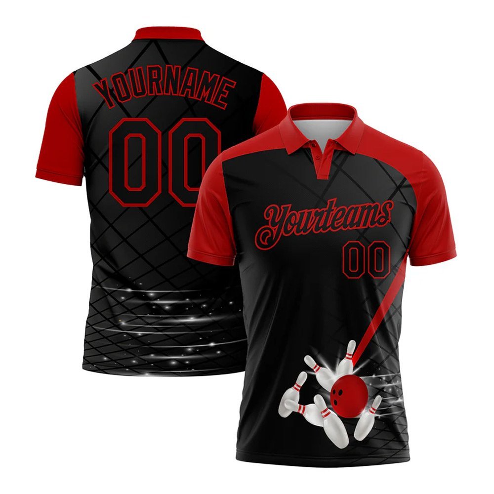 01-9.jpg Custom Black Red 3D Pattern Design Bowling Performance Polo Shirt - Image 1
