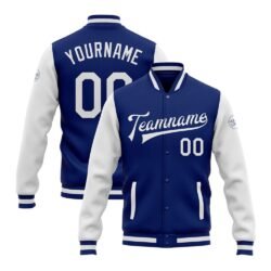 Custom Royal White Bomber Full-Snap Varsity Letterman Two Tone Jacket