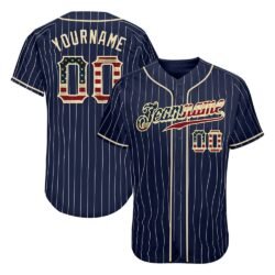 Custom Navy White Pinstripe Vintage USA Flag-Cream Authentic Baseball Jersey