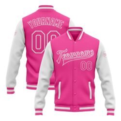 Custom Pink Pink-White Bomber Full-Snap Varsity Letterman Two Tone Jacket