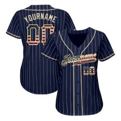 Custom Navy White Pinstripe Vintage USA Flag-Cream Authentic Baseball Jersey - Image 4