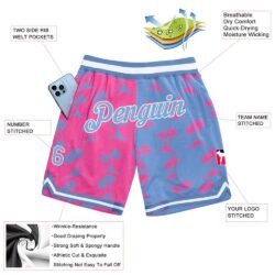 Custom Pink Light Blue-White 3D Pattern Design Palm Trees Authentic Basketball Shorts - Image 2