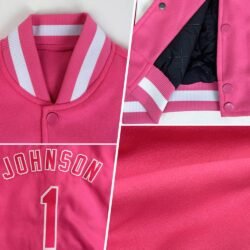 Custom Pink Pink-White Bomber Full-Snap Varsity Letterman Two Tone Jacket - Image 6