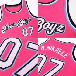 Custom Pink White-Light Blue Round Neck Rib-Knit Basketball Jersey - Image 3