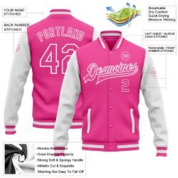 Custom Pink Pink-White Bomber Full-Snap Varsity Letterman Two Tone Jacket - Image 2