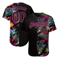 Custom Black Black-Pink 3D Pattern Design Tropical Palm Leaves Authentic Baseball Jersey
