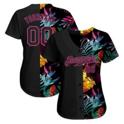 Custom Black Black-Pink 3D Pattern Design Tropical Palm Leaves Authentic Baseball Jersey - Image 4