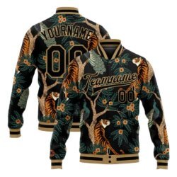 Custom Black Black-Old Gold Tiger And Peacock 3D Pattern Design Bomber Full-Snap Varsity Letterman Jacket