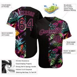 Custom Black Black-Pink 3D Pattern Design Tropical Palm Leaves Authentic Baseball Jersey - Image 2