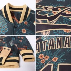 Custom Black Black-Old Gold Tiger And Peacock 3D Pattern Design Bomber Full-Snap Varsity Letterman Jacket - Image 6