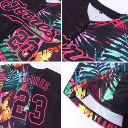 Custom Black Black-Pink 3D Pattern Design Tropical Palm Leaves Authentic Baseball Jersey - Image 3