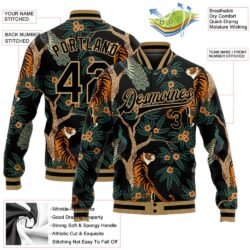 Custom Black Black-Old Gold Tiger And Peacock 3D Pattern Design Bomber Full-Snap Varsity Letterman Jacket - Image 2