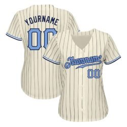 Custom Cream Navy Pinstripe Light Blue-Navy Authentic Baseball Jersey - Image 3
