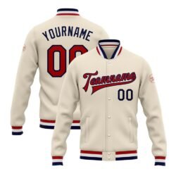 Custom Cream Red-Navy Bomber Full-Snap Varsity Letterman Jacket