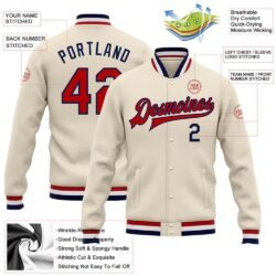 Custom Cream Red-Navy Bomber Full-Snap Varsity Letterman Jacket - Image 2